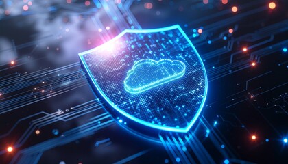 Cloud Shield: A digital shield illuminated with a glowing cloud icon, symbolizing secure data storage and protection within the digital sphere.