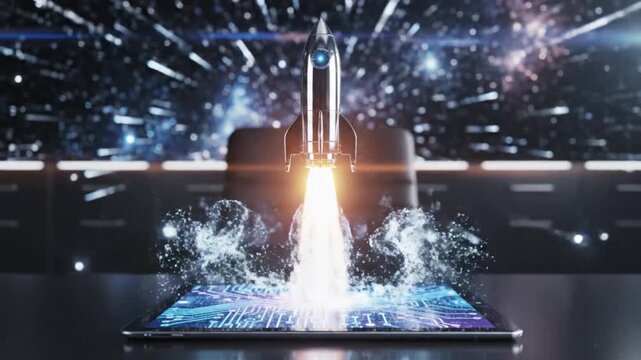 Dynamic tech startup launch presented by digital rocket rising from tablet, promising rapid innovation and growth in the modern business landscape