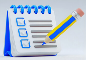 paper clipboard with pencil. 3d notepad, task management concept, todo check list with pen, notes, exam paper checklist icon. 3D Rendering illustration isolated on transparent background