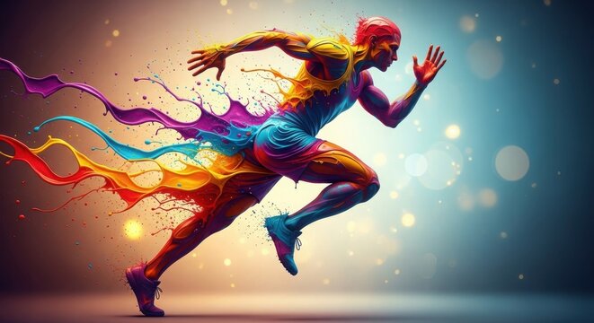 Abstract Dynamic Athlete Running Fast, Dissolving into Vibrant Rainbow Paint Splashes isolated on Transparent Background