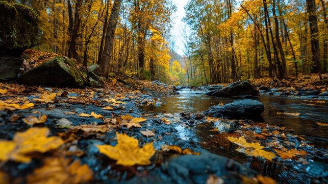 Golden and orange leaves blanket the riverbank as a calm stream flows through a tranquil forest. Tall trees provide shade while the scene captures the beauty of fall. - Powered by Adobe