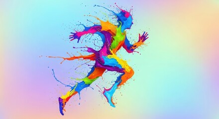Dynamic Runner Silhouette Bursting with Vibrant Paint Splashes and Spectrum Colors isolated on Transparent Background