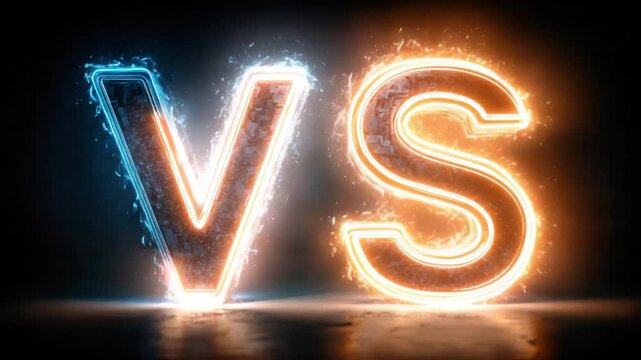 Glowing "V" and "S" letters with energy effects, set against a dark background, representing a clash