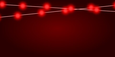 Red Glowing String Lights on Dark Gradient Background for Festive Design, lights with glowing bulbs for holiday cards and banners red background