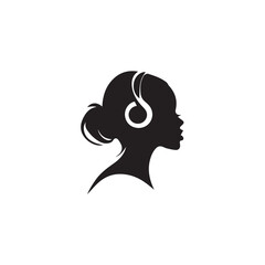 Black Vector Illustration of Woman Wearing Headphone in Clean Minimal Style on White Background