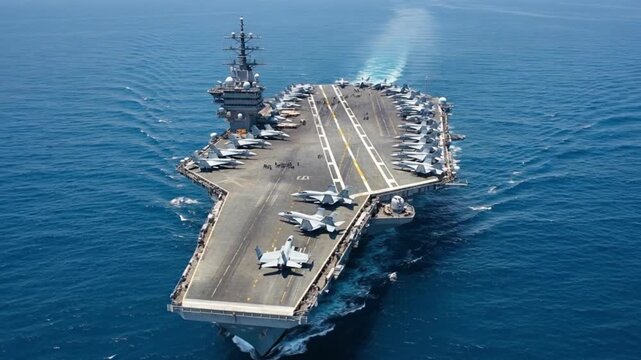 Stunning aerial drone footage of a US Navy nuclear aircraft carrier battle group sailing through the open ocean. The flight deck is lined with fighter jets