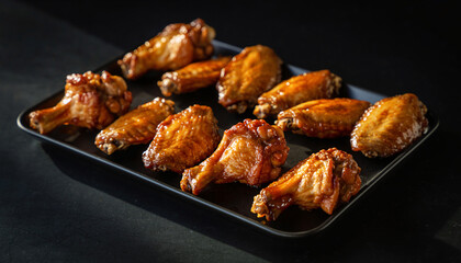 Crispy fried chicken wings on black stone plate