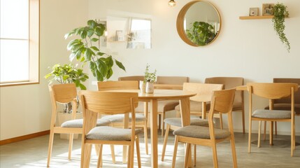 Fototapeta premium A wooden dining room with a round table and chairs. The chairs are arranged around the table, and there are potted plants in the room. The atmosphere is warm and inviting