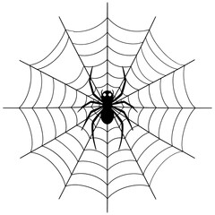 Fototapeta premium Black silhouette of a spider centered in its web, set against a white background, suggesting a Halloween theme. The graphic is clean and simple