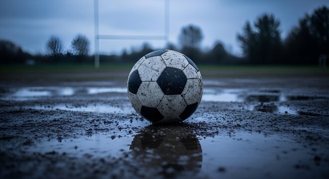 Muddy soccer ball resting in wet field after rain for sports brand campaign or athletic lifestyle blog articles, evoking determination and grit