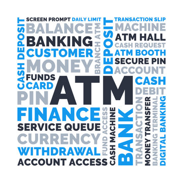 ATM Square Word Cloud, Banking Financial machine and service transaction terms