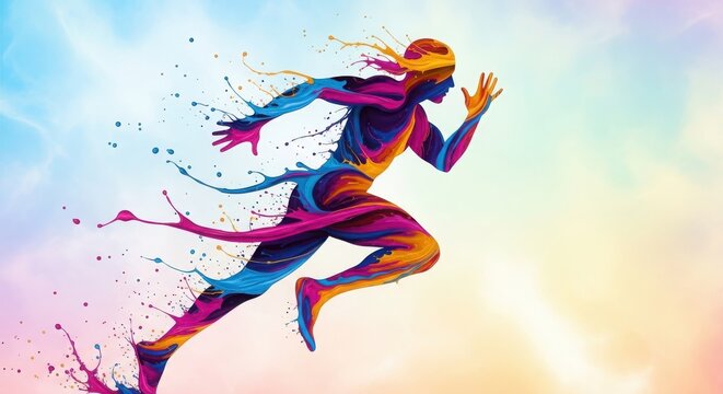 Dynamic Abstract Runner Sprinting with Vibrant Paint Splashes and Watercolor Effects isolated on Transparent Background