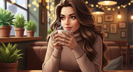Illustration of a woman in a cafe holding a mug with lights and plants in the background scene