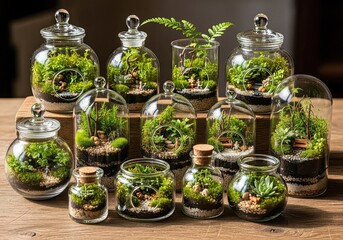 A collection of diverse glass terrariums showcasing miniature ecosystems with moss and small plants on a wooden surface, creating a serene botanical display.