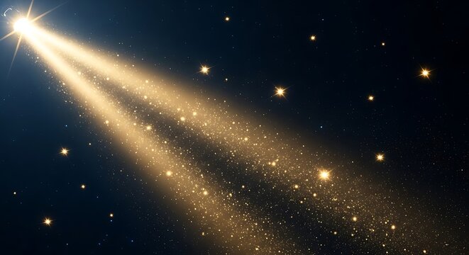 A bright light shines through a dark space filled with glowing stars and sparkling dust particles around it