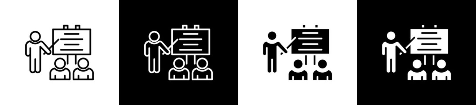 Teach icon set in line and glyph style on black and white background