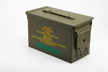 Green metal ammunition bullets box on white background