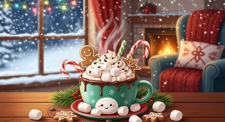 A cozy christmas scene with hot chocolate marshmallows and gingerbread by a snowy window and fireplace