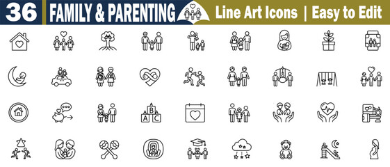Family and Parenting Line Art Icons Set: Home, Couple, Tree, Kids, Parent, Baby, Moon, Car, Love, Heart, Swing, Toys, Education, Family Car, Graduation, and more vector illustrations. 