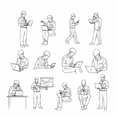 Engineers and workers using laptops and tablets for work and communication.