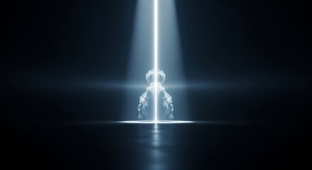 A chess pawn illuminated by a bright beam of light in a dark room with a reflective surface below it