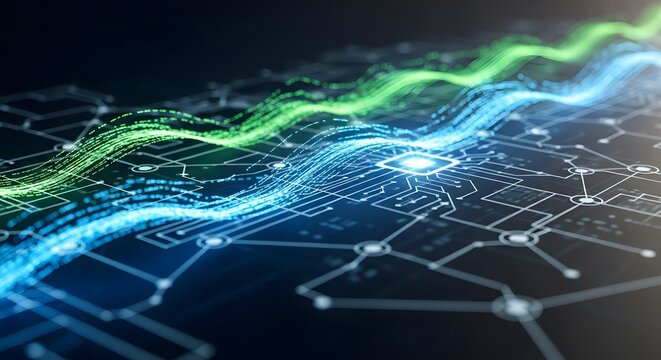 Abstract digital circuit board with flowing green and blue lines
