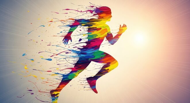 Abstract Dynamic Running Man Silhouette in Vibrant Rainbow Colors and Speed Splash Effect isolated on Transparent Background
