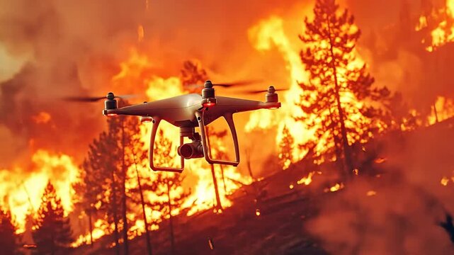 Advanced drone technology with a camera surveying a catastrophic wildfire raging through a dense pine forest