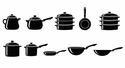 Collection of various black kitchen pots and pans for cooking.