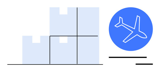 Stacked packages next to a blue airplane icon indicating air cargo, transportation, delivery, shipping. Ideal for logistics, e-commerce, supply chain, global trade export business. Simple flat