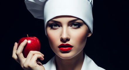 A woman in chef's hat holding a red apple with red lipstick on a dark background looking at the camera