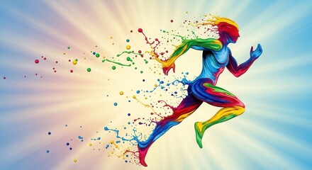 Abstract Colorful Running Man Dissolving into Vibrant Paint Splashes and Dynamic Energy isolated on Transparent Background