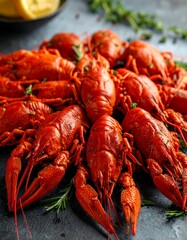 Close-up of a pile of cooked crustaceans. They are bright red with visible details and arranged on a dark, textured surface with herbs