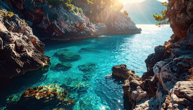 A serene and picturesque coastal scene featuring a secluded cove with incredibly clear turquoise water, revealing submerged rocks and surrounded by rugged, sun-