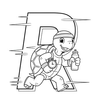 Running turtle coloring page. Sporty alphabet illustration. Fast cartoon tortoise mascot with a headband and stopwatch running past a kinetic-style letter R. Fun coloring sheet for kids.