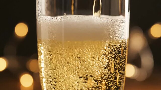 Pouring a Glass of Sparkling Golden Beer Close Up with Bokeh Background.