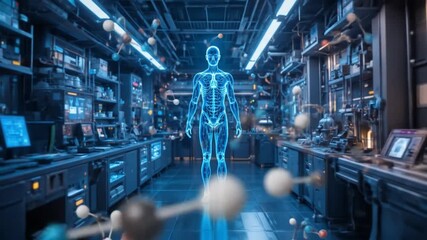 A high-tech laboratory with a holographic human body and molecular structures representing precise and targeted modern therapies for disease. 4k video - Powered by Adobe