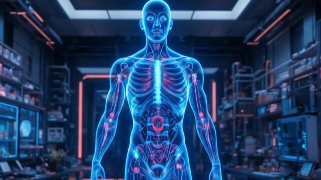 A high-tech laboratory with a holographic human body and molecular structures representing precise and targeted modern therapies for disease. 4k video