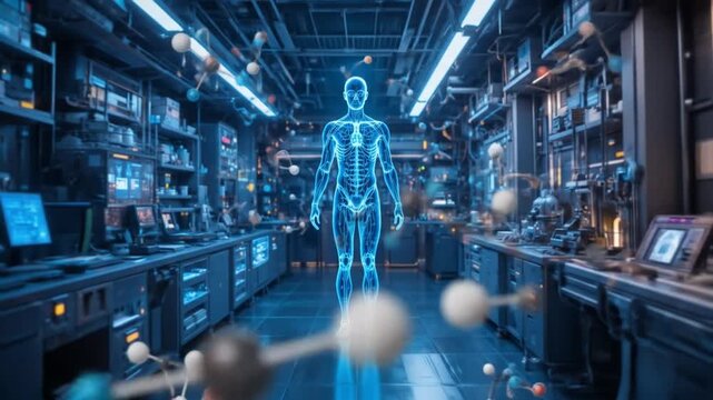 A high-tech laboratory with a holographic human body and molecular structures representing precise and targeted modern therapies for disease. 4k video