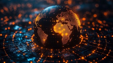 Glowing Digital Earth with Orange Lights and Circuit Board Pattern globe technology