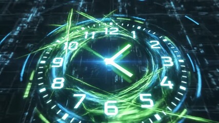 Futuristic clock face displays digital time - Powered by Adobe