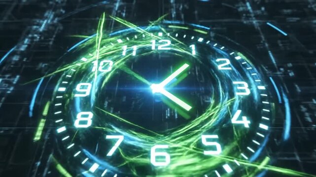 Futuristic clock face displays digital time
