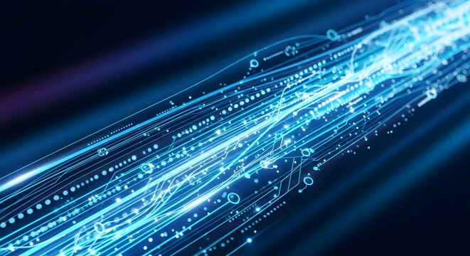 Abstract digital data stream flowing with light trails against a dark background