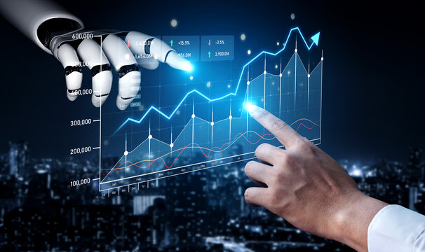 A captivating scene showcasing a robotic hand and a human hand collaborating with digital data displays, emphasizing technology and growth in a modern business environment. Scalp