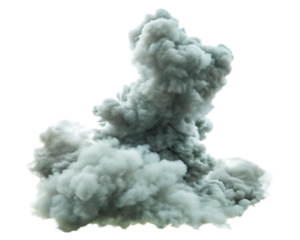 Dense grey smoke plume rising upwards isolated on a transparent background explosion