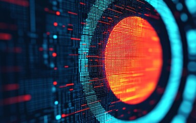 A glowing red digital sphere is surrounded by concentric rings of blue and red data streams on a dark futuristic virtual interface.