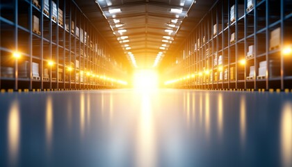A wide-angle view of an empty warehouse aisle with metal shelving and bright light shining at the far end.