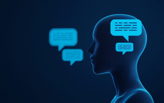 Digital wireframe humanoid head with blue chat bubbles representing AI communication and interaction on a dark background.