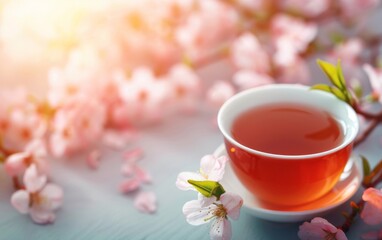 A serene cup of tea surrounded by delicate pink cherry blossoms in soft natural light, evoking calm and relaxation.