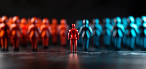 A red figure stands alone between two groups of blue and orange figures, symbolizing separation, leadership, or division.